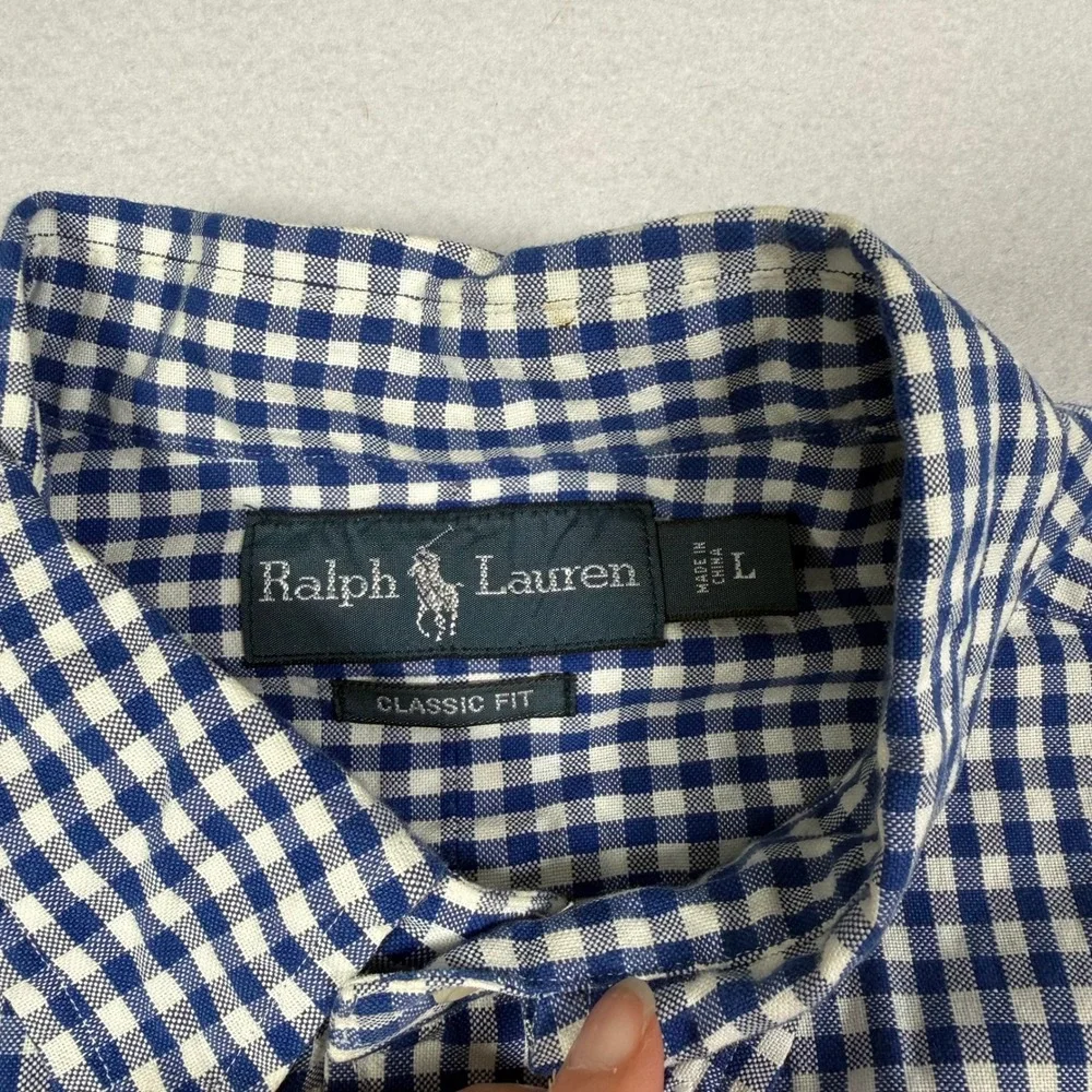 Polo Ralph Lauren Mens Classic Fit Gingham Button Down Shirt Navy Blue White L - Picture 3 of 10